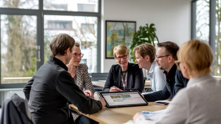 Eine Gruppe kommunaler Mitarbeiter diskutieren aktiv über ein Projekt oder ein Dokument, das auf einem digitalen Tablet präsentiert wird, während sie an einem hellen Konferenztisch sitzen