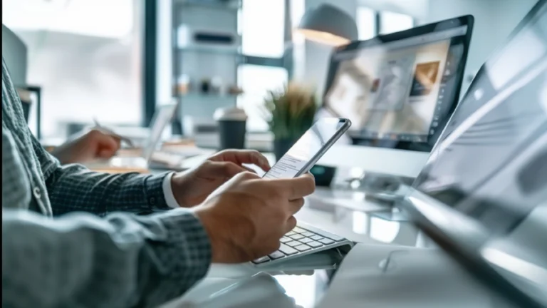 Eine Person, die in einem modernen Büro sitzt und konzentriert auf ihr Smartphone schaut