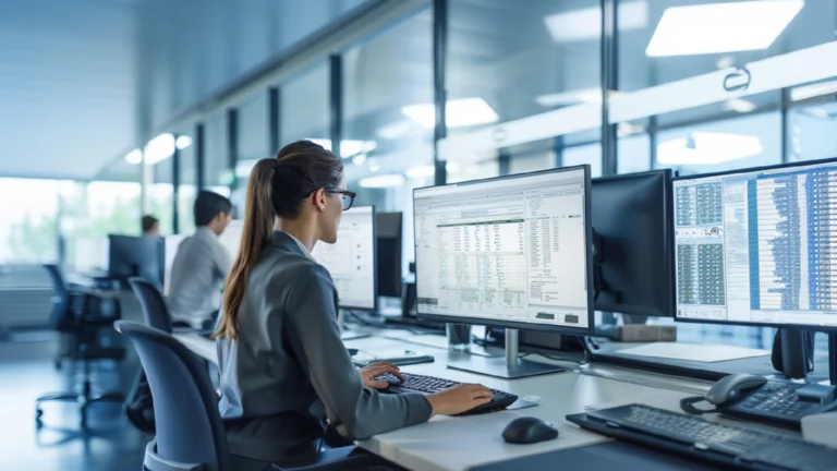 Eine Frau arbeitet in einem Büro an einem Schreibtisch mit mehreren Monitoren, die Daten anzeigen.