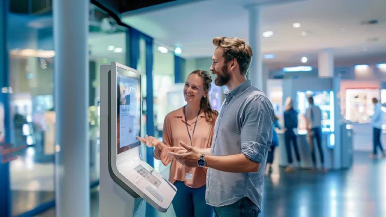 Ein Mann und eine Frau stehen gemeinsam lächelnd vor einem interaktiven Informationskiosk, wobei der Mann gestikulierend auf den Bildschirm zeigt. Sie befinden sich in einer modernen, gut beleuchteten Lobby, möglicherweise in einem öffentlichen Gebäude oder einer Ausstellung.