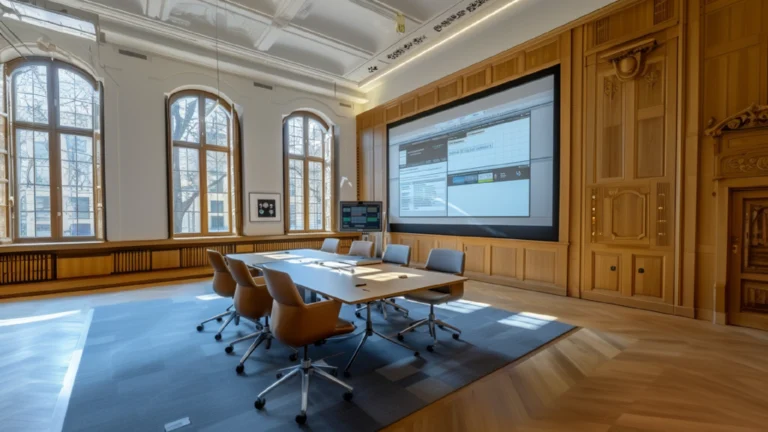 Ein eleganter, historisch wirkender Konferenzraum mit moderner Technik, darunter ein großer Bildschirm und ein Konferenztisch mit Stühlen