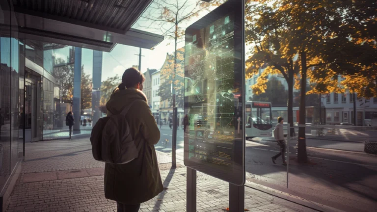 Eine Person in einer grünen Jacke steht an einer digitalen Informationsanzeige, die interaktive Stadtdaten und Karten zeigt, an einer Bushaltestelle in einer städtischen Umgebung