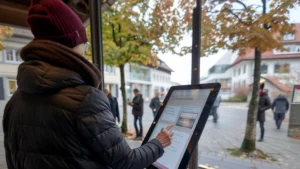 Eine Person nutzt einen interaktiven Informationsbildschirm an einer Haltestelle im städtischen Umfeld bei Tageslicht.