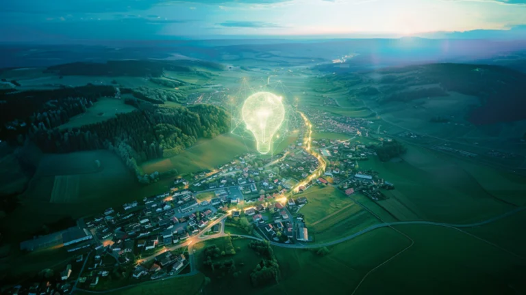 Eine digitale Glühbirne über einer ländlichen Gemeinde symbolisiert innovative Energie- und Verwaltungslösungen, eingebettet in eine idyllische Landschaft bei Sonnenaufgang.