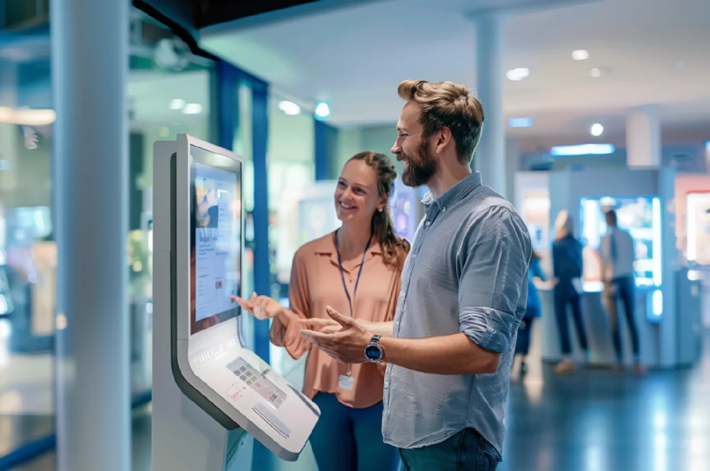 Ein Mann und eine Frau stehen gemeinsam lächelnd vor einem interaktiven Informationskiosk, wobei der Mann gestikulierend auf den Bildschirm zeigt. Sie befinden sich in einer modernen, gut beleuchteten Lobby, möglicherweise in einem öffentlichen Gebäude oder einer Ausstellung.