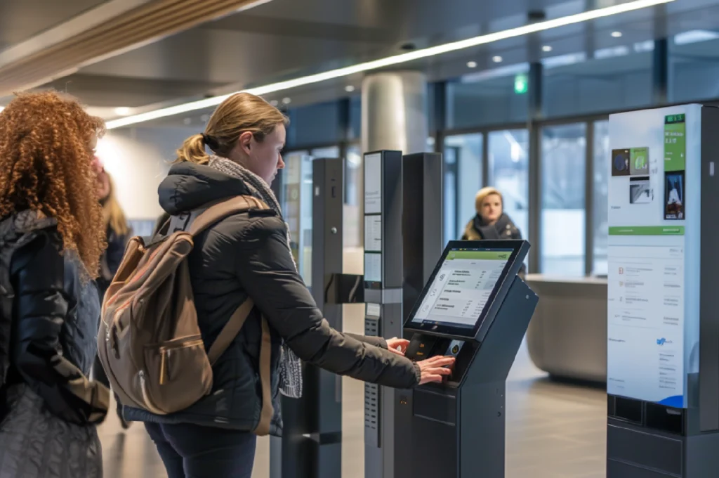 Personen bedienen Selbstbedienungsterminals in einer modernen öffentlichen Einrichtung.