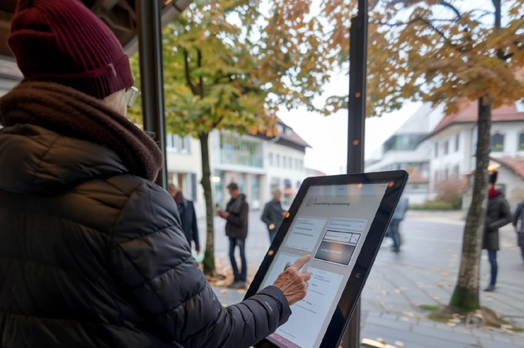 Eine Person nutzt einen interaktiven Informationsbildschirm an einer Haltestelle im städtischen Umfeld bei Tageslicht.