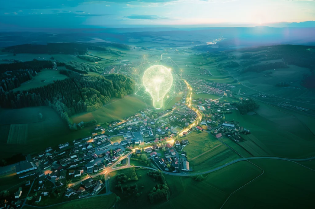 Eine digitale Glühbirne über einer ländlichen Gemeinde symbolisiert innovative Energie- und Verwaltungslösungen, eingebettet in eine idyllische Landschaft bei Sonnenaufgang.